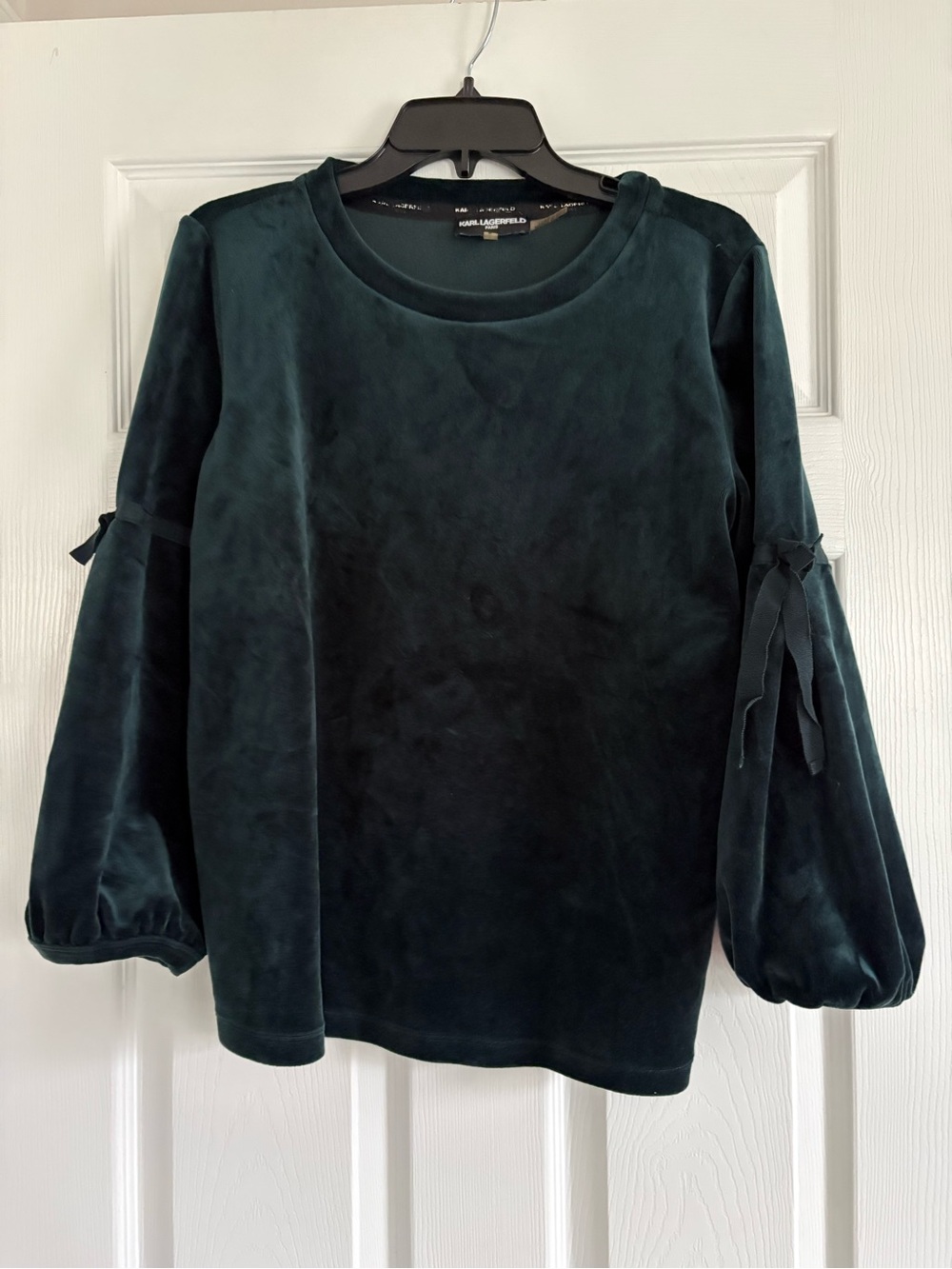 Karl Lagerfeld Velvet Tie-Sleeve Sweater in Deep Forest